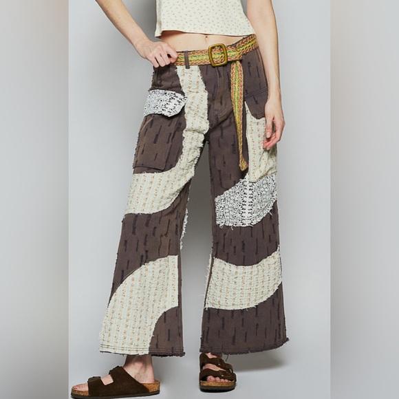 POL BROWN DISTRESSED CROCHET PATCHWORK WIDE LEG JEANS IN SIZE MEDIUM BRA…